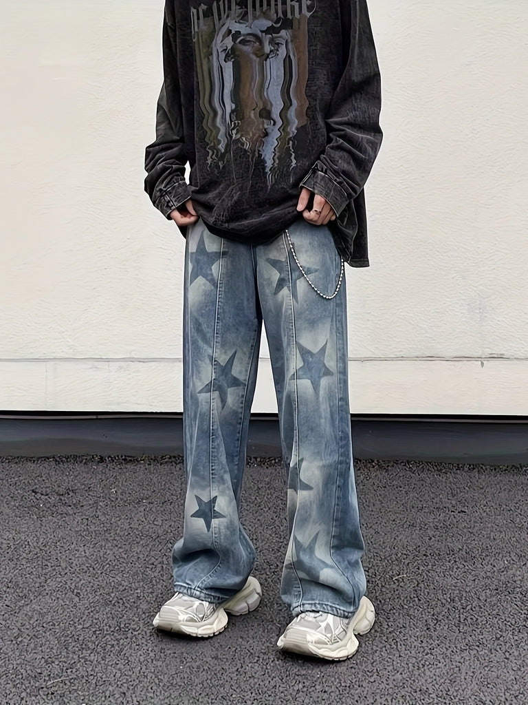 Retro Star Jeans Men's Handsome Casual Straight Pants Loose Wide-leg Mopping Trousers (button Holes Not Opened At Waist)