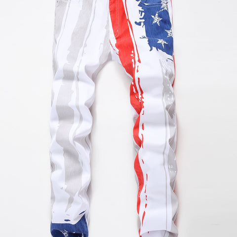 1pc Men'S American Flag Print Skinny Faux Denim, Cotton Blend, Medium Stretch, All-Season Street Style, Zipper Fly, Woven Faux Denim Pants for Teens