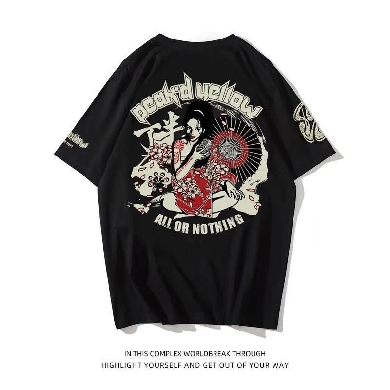 Men's Japanese-style Tattoo T-shirt Cherry Blossom Pattern Top