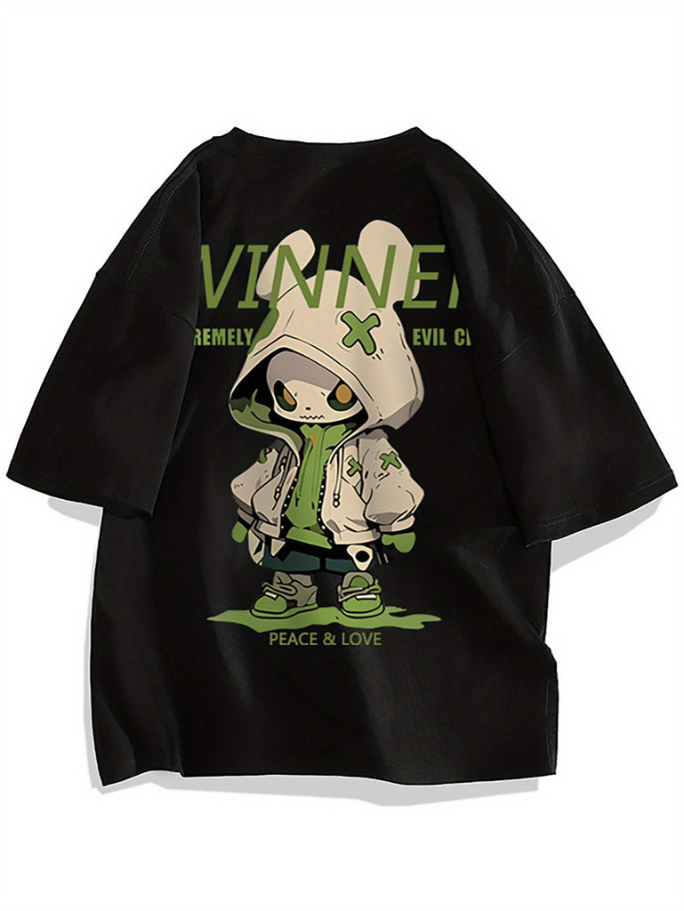 Cartoon Rabbit Pattern Printed T-shirt, Casual Short Sleeved Round Neck T-shirt, Summer Outdoor Men's Clothing