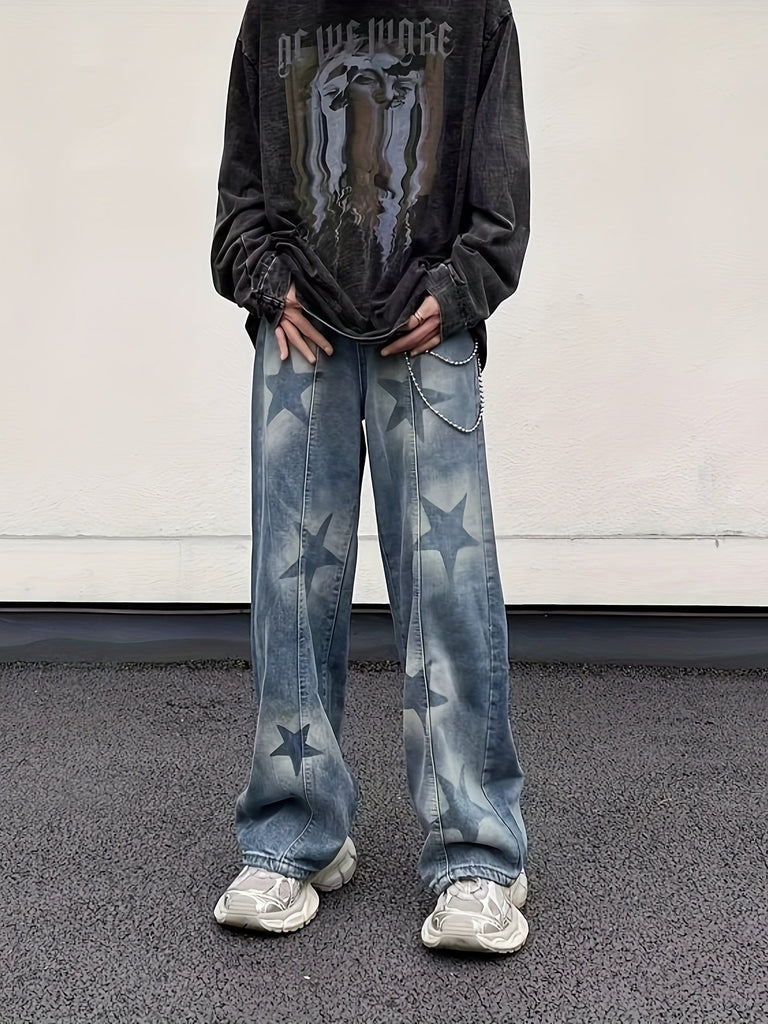 Retro Star Jeans Men's Handsome Casual Straight Pants Loose Wide-leg Mopping Trousers (button Holes Not Opened At Waist)