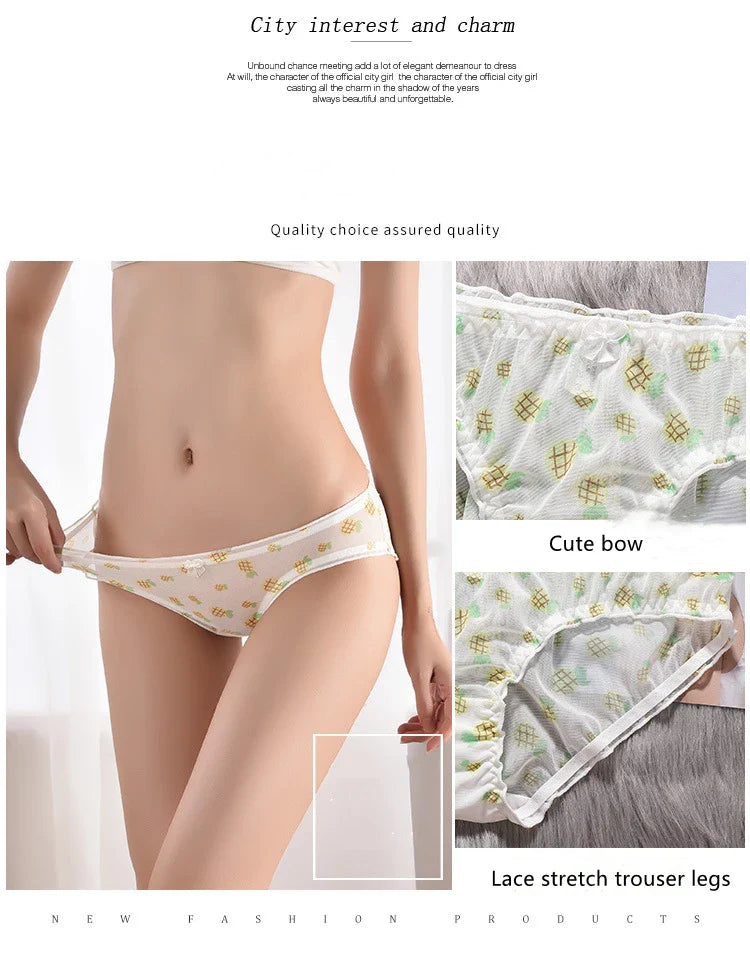 Cute Fruit Printing Girls Panties Sexy Transparent Lace Women's Underwear Breathable Knicker Loose Seamless Female Briefs