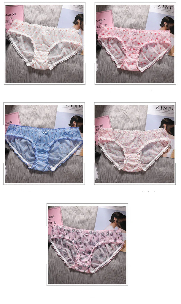 Cute Fruit Printing Girls Panties Sexy Transparent Lace Women's Underwear Breathable Knicker Loose Seamless Female Briefs