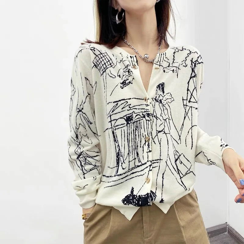 Autumn New Women's Worsted Thin Wool Knitted Cardigan Niche Design Sense Round Neck Graffiti Wild Sweater Slim Fashion Jacket