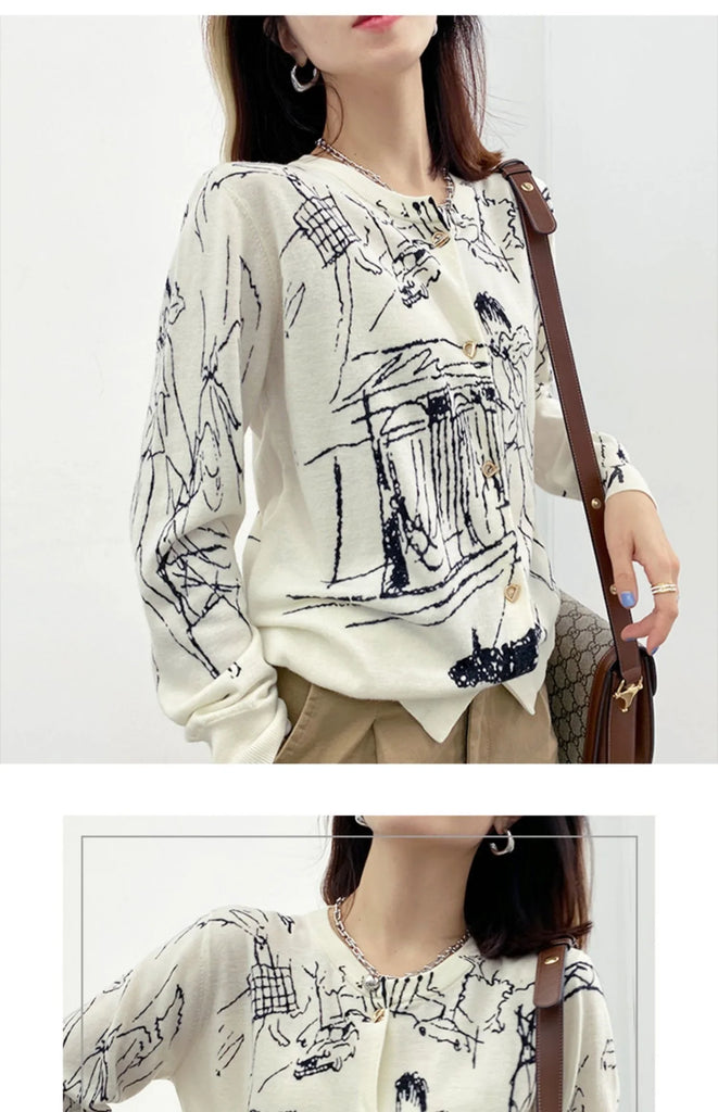 Autumn New Women's Worsted Thin Wool Knitted Cardigan Niche Design Sense Round Neck Graffiti Wild Sweater Slim Fashion Jacket