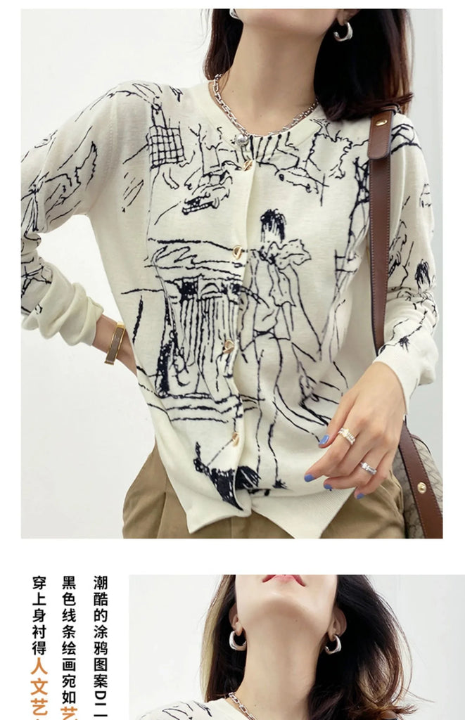 Autumn New Women's Worsted Thin Wool Knitted Cardigan Niche Design Sense Round Neck Graffiti Wild Sweater Slim Fashion Jacket