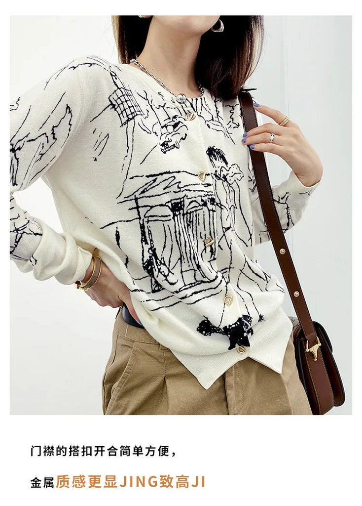 Autumn New Women's Worsted Thin Wool Knitted Cardigan Niche Design Sense Round Neck Graffiti Wild Sweater Slim Fashion Jacket