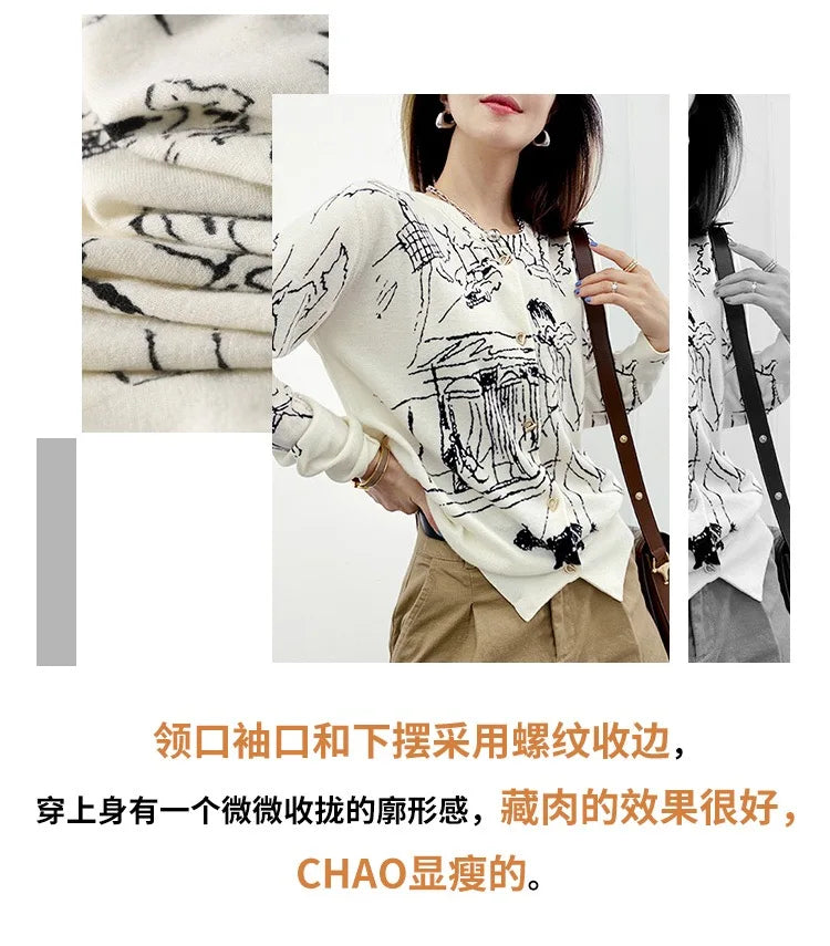 Autumn New Women's Worsted Thin Wool Knitted Cardigan Niche Design Sense Round Neck Graffiti Wild Sweater Slim Fashion Jacket