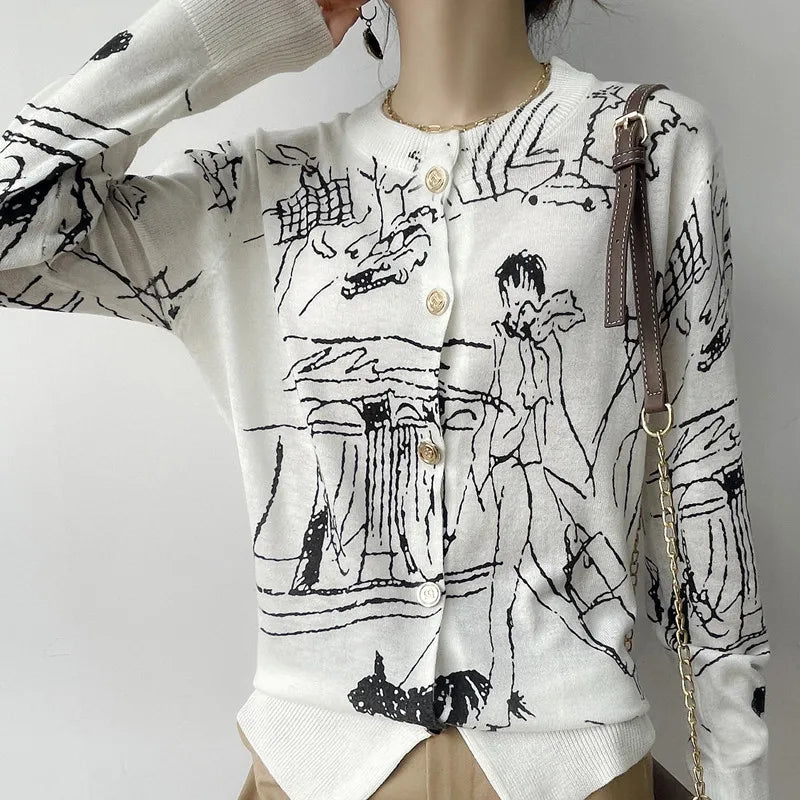 Autumn New Women's Worsted Thin Wool Knitted Cardigan Niche Design Sense Round Neck Graffiti Wild Sweater Slim Fashion Jacket