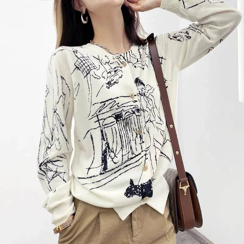 Autumn New Women's Worsted Thin Wool Knitted Cardigan Niche Design Sense Round Neck Graffiti Wild Sweater Slim Fashion Jacket