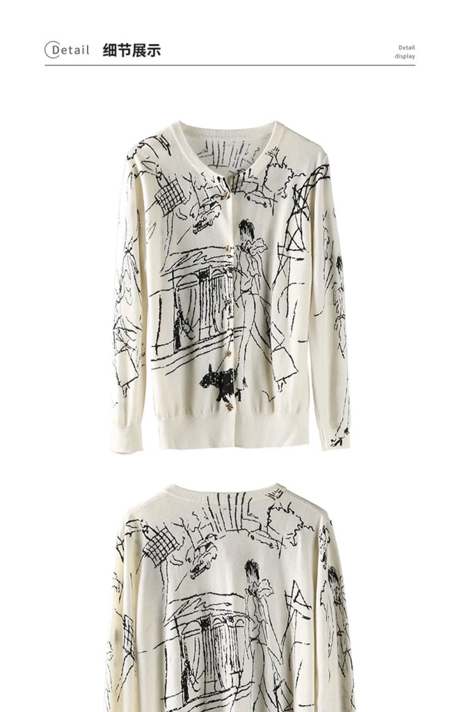 Autumn New Women's Worsted Thin Wool Knitted Cardigan Niche Design Sense Round Neck Graffiti Wild Sweater Slim Fashion Jacket
