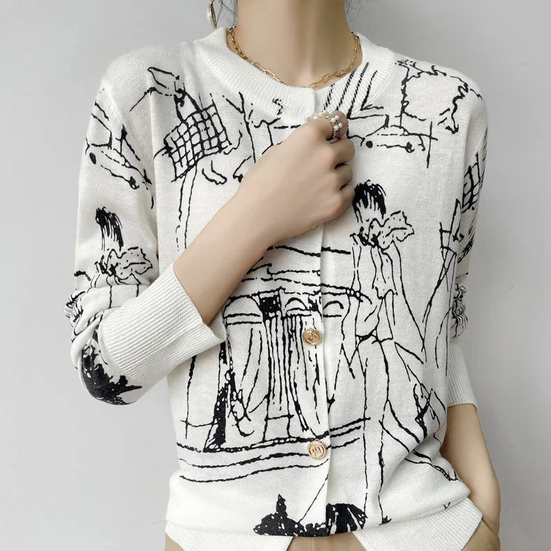 Autumn New Women's Worsted Thin Wool Knitted Cardigan Niche Design Sense Round Neck Graffiti Wild Sweater Slim Fashion Jacket