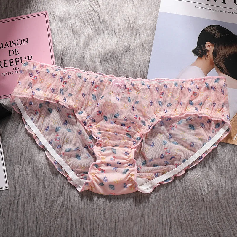 Cute Fruit Printing Girls Panties Sexy Transparent Lace Women's Underwear Breathable Knicker Loose Seamless Female Briefs