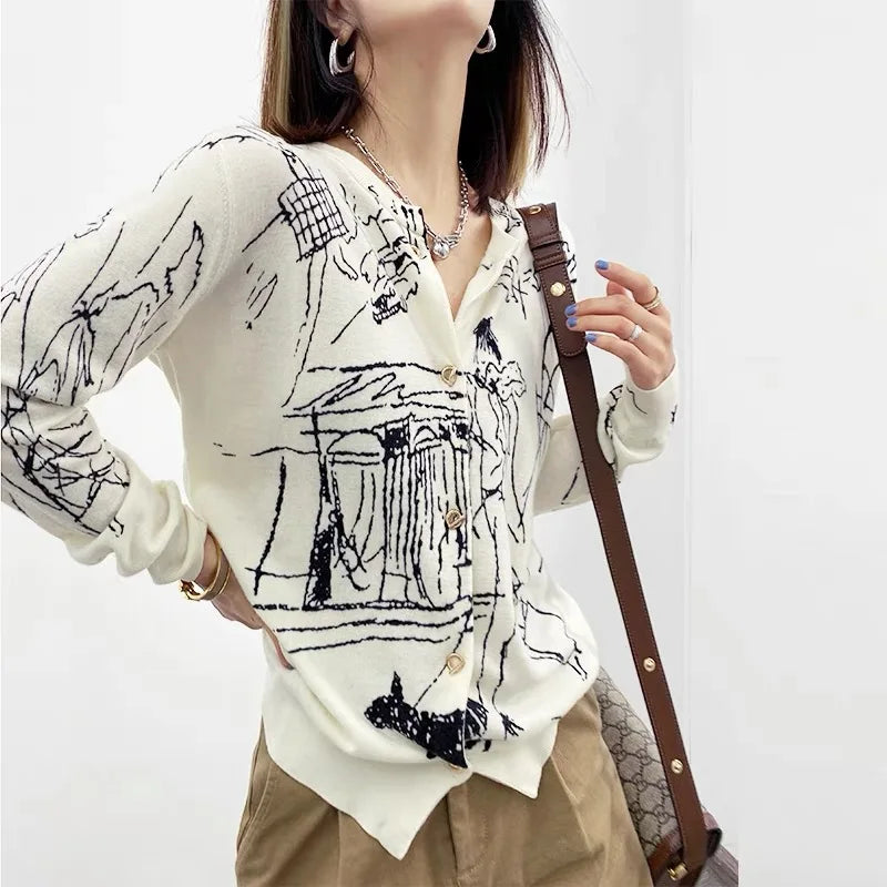 Autumn New Women's Worsted Thin Wool Knitted Cardigan Niche Design Sense Round Neck Graffiti Wild Sweater Slim Fashion Jacket