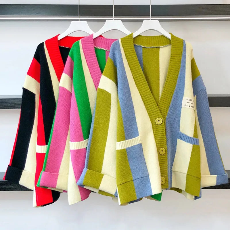 GACVGA 2024 Autumn Winter Striped Knitted Cardigan Women Long Sleeve Tops Loose Casual Sweater Fashion y2k Clothes Streetwear