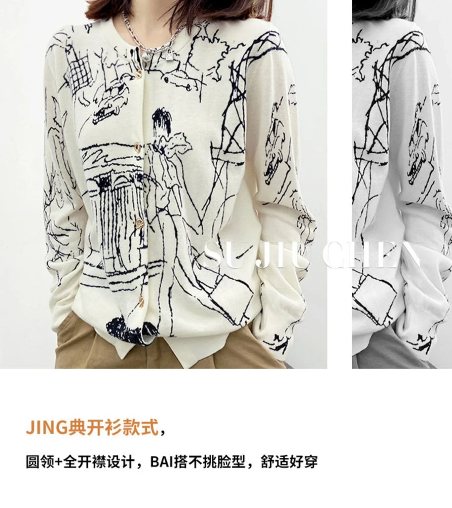 Autumn New Women's Worsted Thin Wool Knitted Cardigan Niche Design Sense Round Neck Graffiti Wild Sweater Slim Fashion Jacket