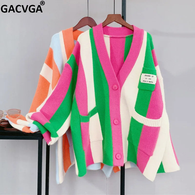GACVGA 2024 Autumn Winter Striped Knitted Cardigan Women Long Sleeve Tops Loose Casual Sweater Fashion y2k Clothes Streetwear