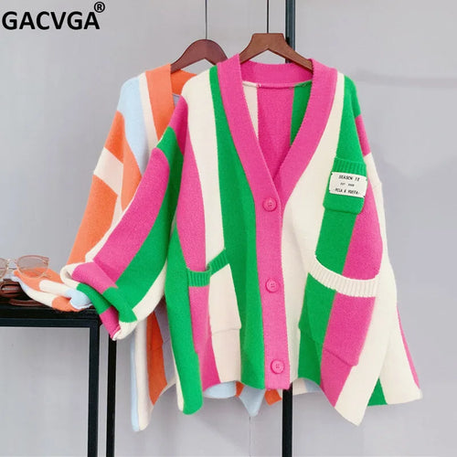 GACVGA 2024 Autumn Winter Striped Knitted Cardigan Women Long Sleeve Tops Loose Casual Sweater Fashion y2k Clothes Streetwear