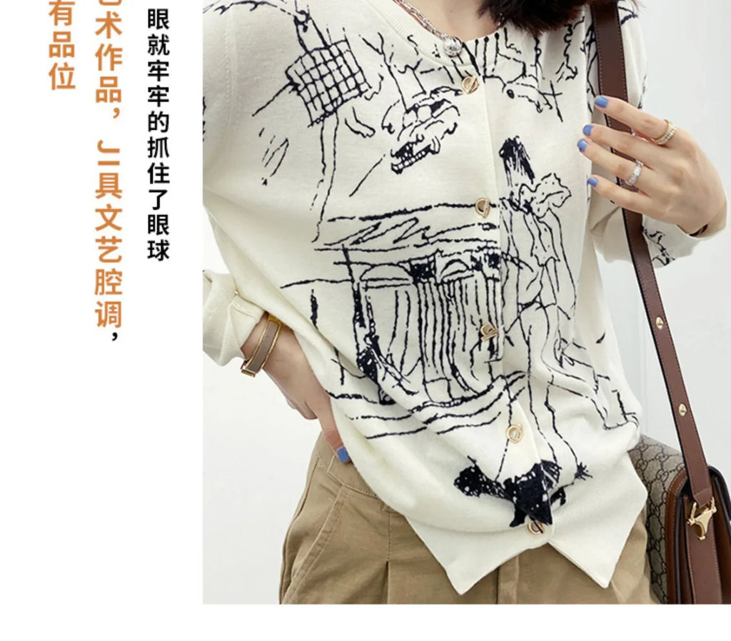Autumn New Women's Worsted Thin Wool Knitted Cardigan Niche Design Sense Round Neck Graffiti Wild Sweater Slim Fashion Jacket