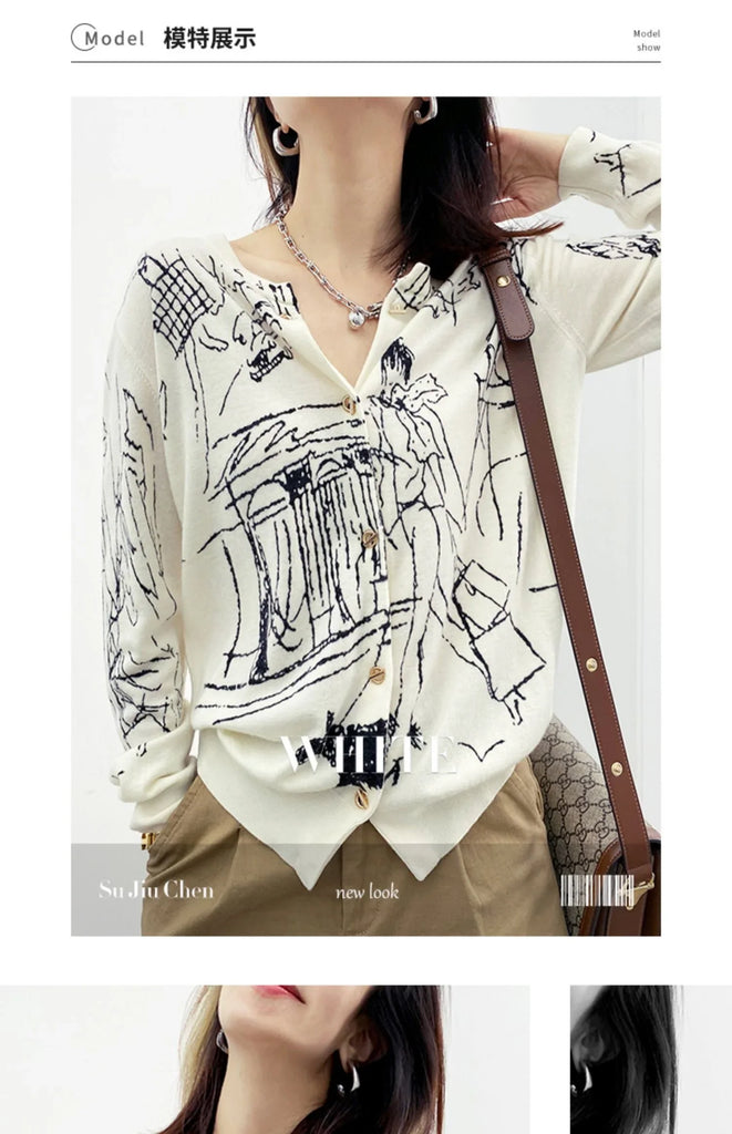 Autumn New Women's Worsted Thin Wool Knitted Cardigan Niche Design Sense Round Neck Graffiti Wild Sweater Slim Fashion Jacket