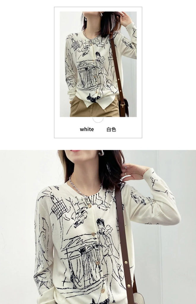 Autumn New Women's Worsted Thin Wool Knitted Cardigan Niche Design Sense Round Neck Graffiti Wild Sweater Slim Fashion Jacket