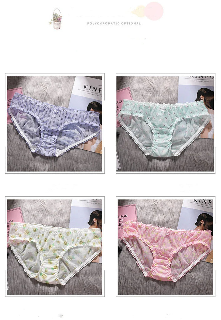 Cute Fruit Printing Girls Panties Sexy Transparent Lace Women's Underwear Breathable Knicker Loose Seamless Female Briefs