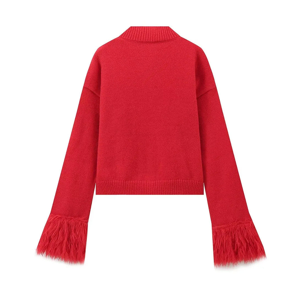 BKQU Feather Patchwork Knitted Cardigan Women Fashion Long Sleeve Single Breasted Short Loose Sweater Coats Elegant Street Tops