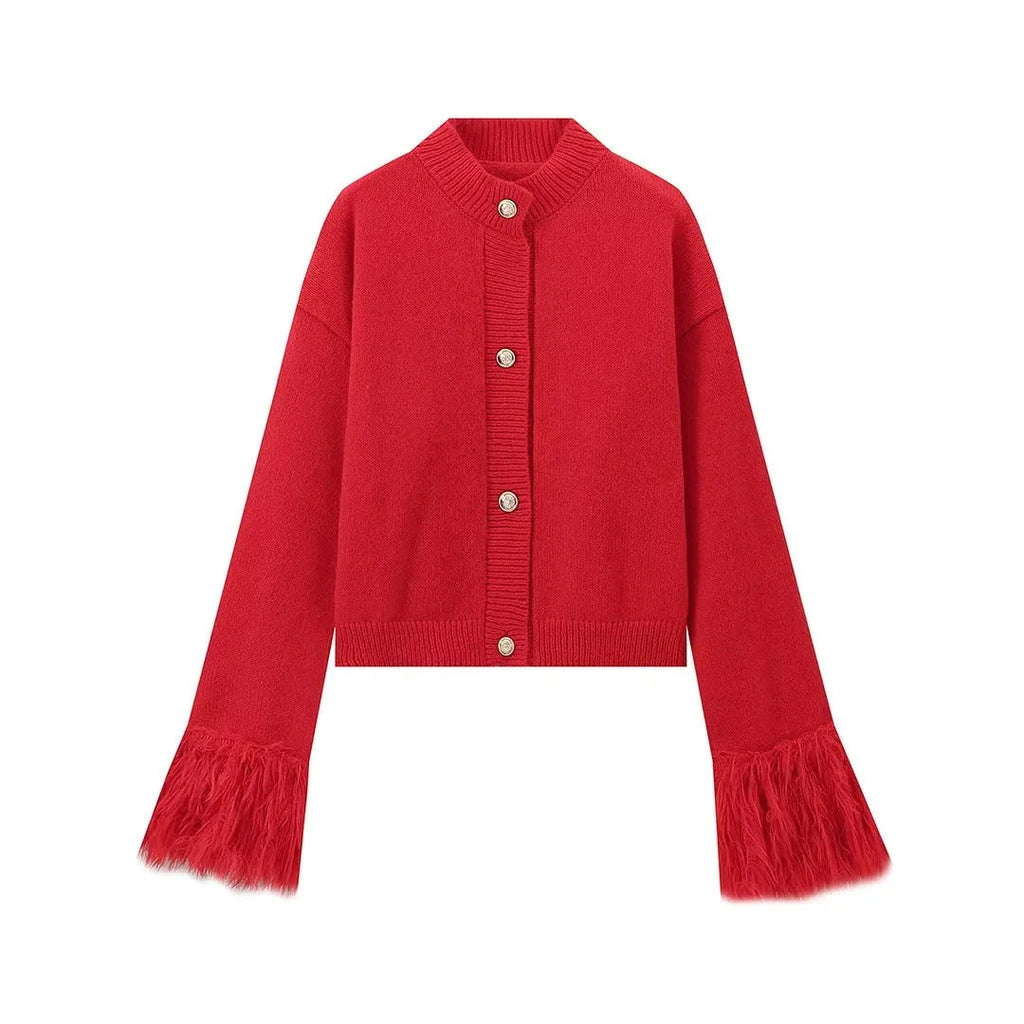 BKQU Feather Patchwork Knitted Cardigan Women Fashion Long Sleeve Single Breasted Short Loose Sweater Coats Elegant Street Tops