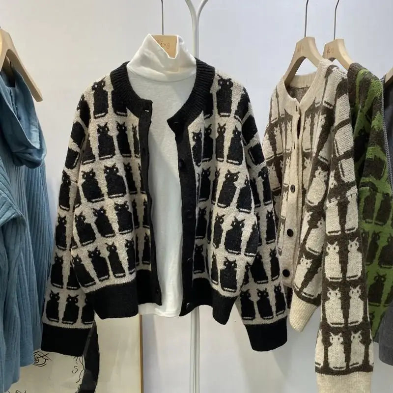 Woherb 2024 New Sweaterscoat Women Cute Cat Print Knitted Cardigan O-neck Sweet Sueter Fashion Loose Casual Jackets Pull Femme