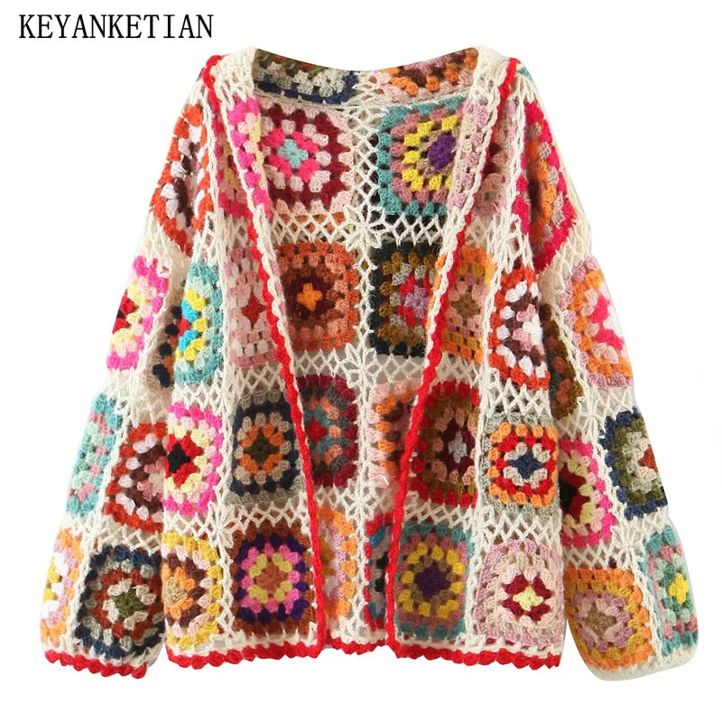 KEYANKETIAN Autumn New Hollowed-Out Hook Floral Color Knit Cardigan Ladies Bohemian Style Loose Handmade Sweater Top Fresh