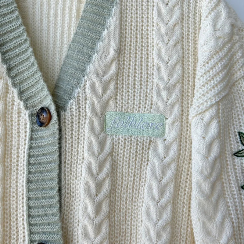 Beige V-neck Embroidery Knitted Cardigan Sweater Women Flower All-match Warm Women's Clothing Winter Single Breasted Cardigans
