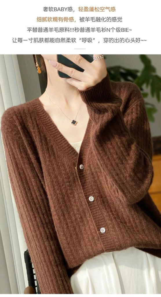 Women's V-Neck 100% Wool Cashmere Cardigan Women's Knit Sweater Spring and Autumn Super Soft Loose Large Size Long Sleeve Shirt