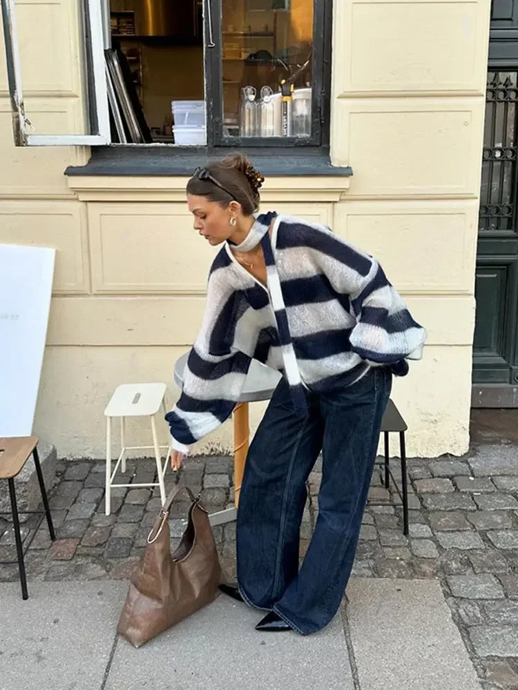 Women Contrast Striped Knitted Cardigan With Scarf Oversize Long Lantern Sleeves Sweater Tops 2024 High Street Lady Knitwear  