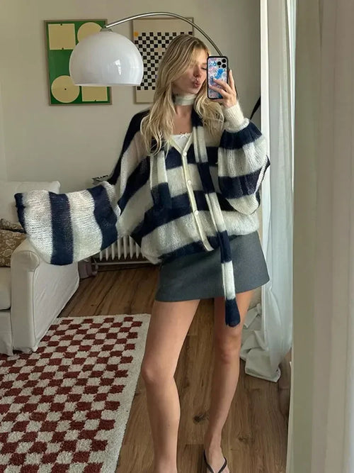 Women Contrast Striped Knitted Cardigan With Scarf Oversize Long Lantern Sleeves Sweater Tops 2024 High Street Lady Knitwear  