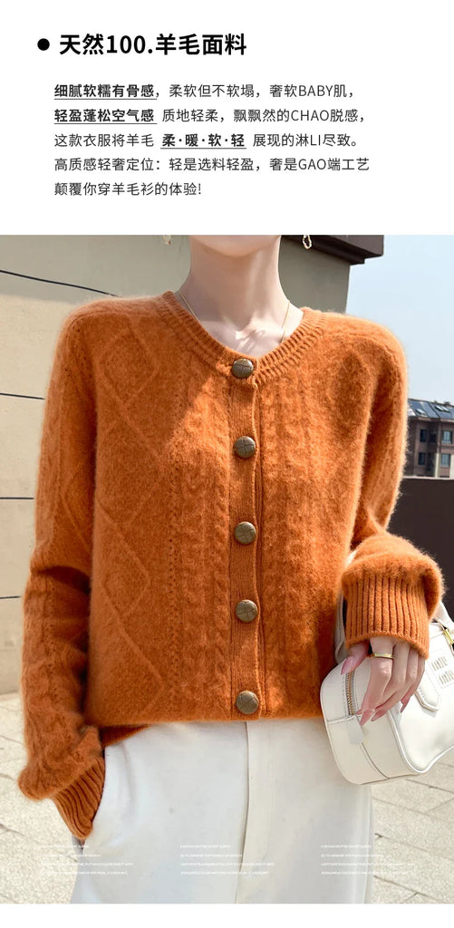Autumn Winter New Thick Sweater For Women 100% Merino Wool Cardigan O-Neck Long Sleeve Twist Flower Warm Cashmere Knitwear Tops