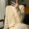 Women's V-Neck 100% Wool Cashmere Cardigan Women's Knit Sweater Spring and Autumn Super Soft Loose Large Size Long Sleeve Shirt