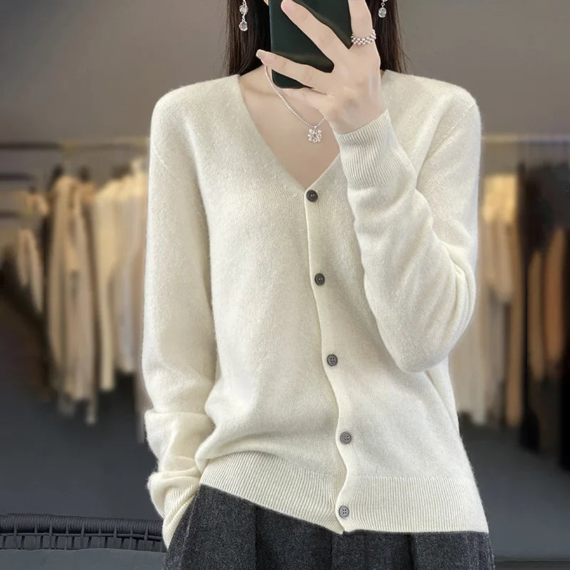 Basic V-Neck 100% Merino Wool Sweater Women Knitted Cashmere Cardigan Spring Autumn Female Knitwear Clothing Tops