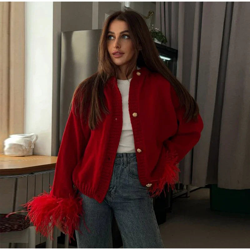 BKQU Feather Patchwork Knitted Cardigan Women Fashion Long Sleeve Single Breasted Short Loose Sweater Coats Elegant Street Tops