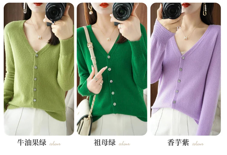 Classic Basic Merino Wool Women Sweater Autum Winter V-Neck Solid Office Lady Knitted Cardigan Long Sleeve Korean Clothing Tops