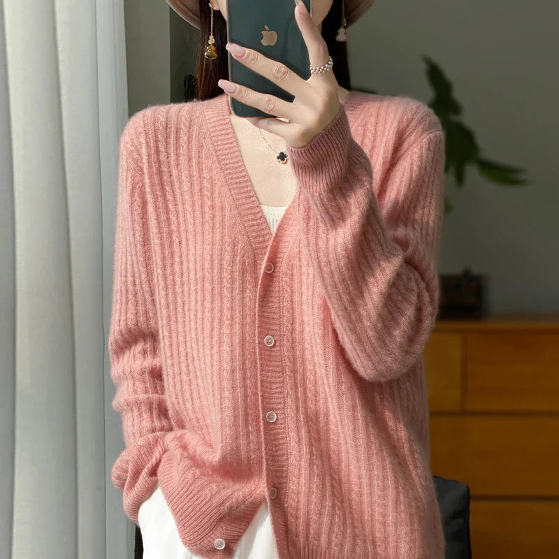 Women's V-Neck 100% Wool Cashmere Cardigan Women's Knit Sweater Spring and Autumn Super Soft Loose Large Size Long Sleeve Shirt