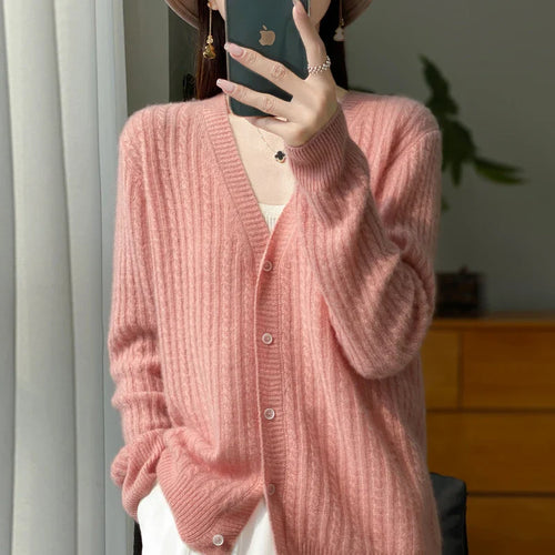 Women's V-Neck 100% Wool Cashmere Cardigan Women's Knit Sweater Spring and Autumn Super Soft Loose Large Size Long Sleeve Shirt