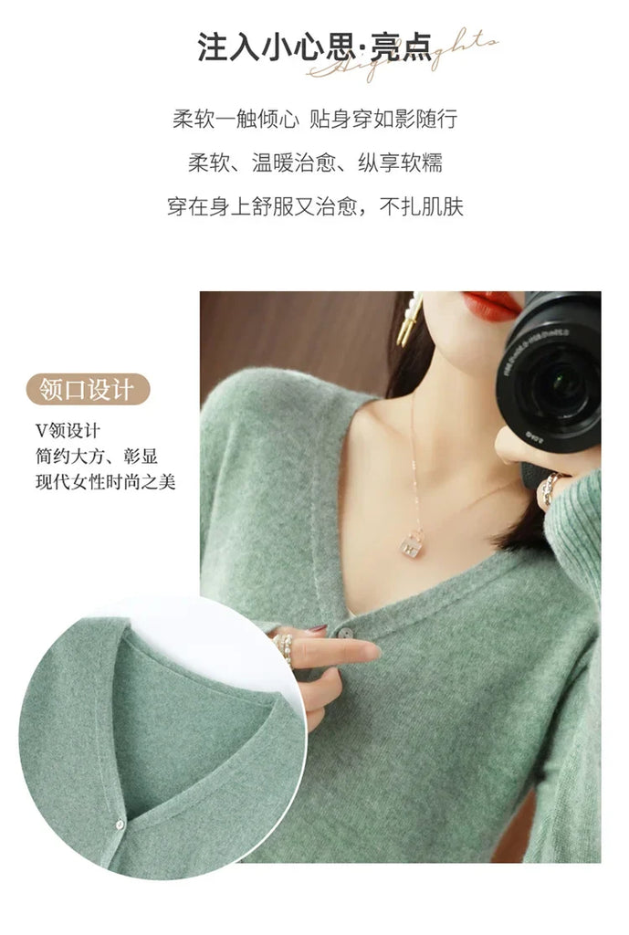 Classic Basic Merino Wool Women Sweater Autum Winter V-Neck Solid Office Lady Knitted Cardigan Long Sleeve Korean Clothing Tops
