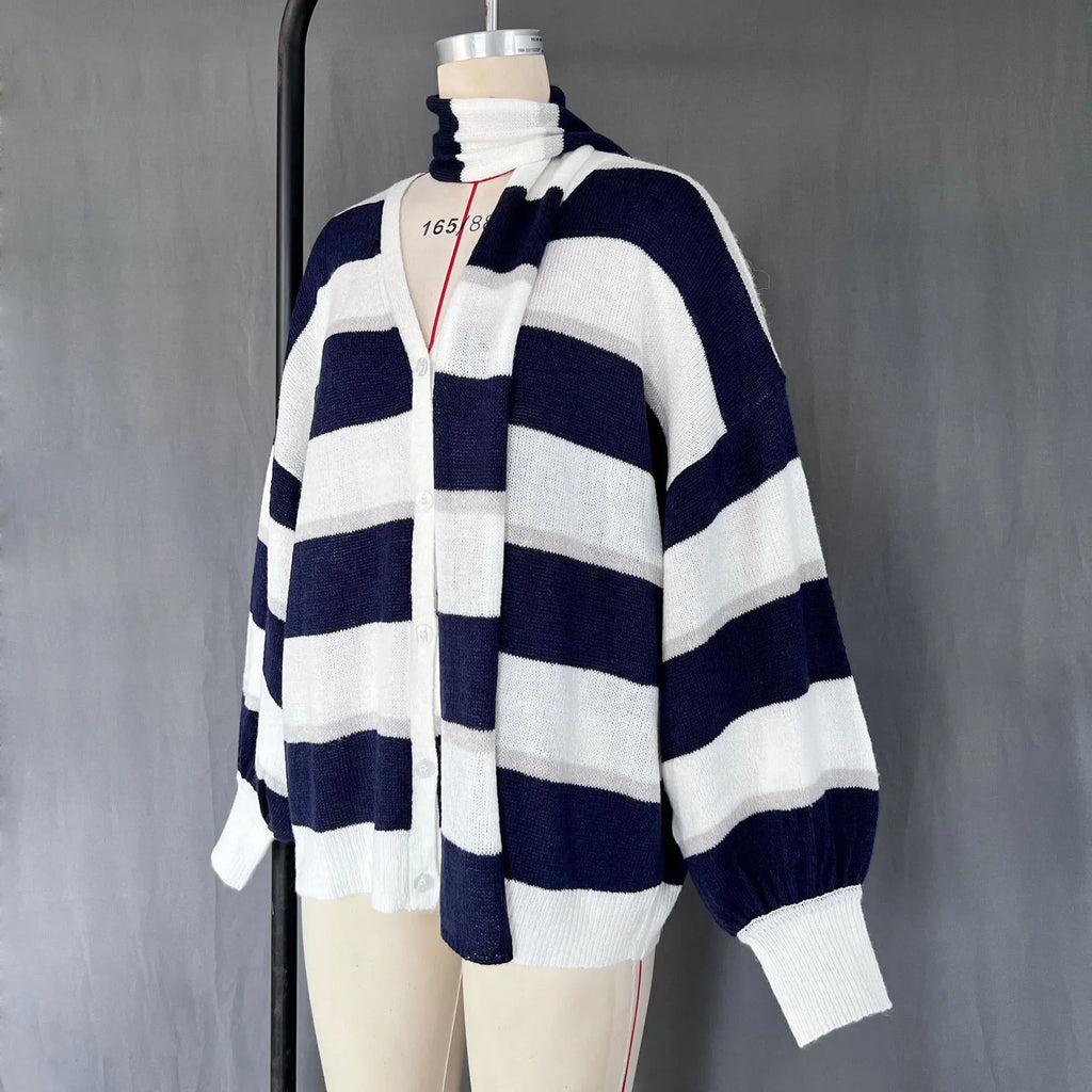 Fantoye Knit Striped Two Piece Sets Cardigan Women Sweater With Scarf Long Sleeve Button Sweater Winter Loose Casual Streetwear