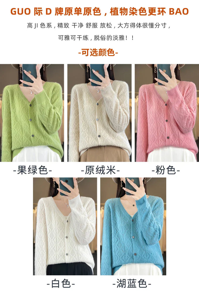 Women's V-Neck Spring and Autumn 100% Wool Cashmere Cardigan Women's Knit Sweater Super Soft Loose Large Size Long Sleeve Shirt