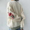 Beige V-neck Embroidery Knitted Cardigan Sweater Women Flower All-match Warm Women's Clothing Winter Single Breasted Cardigans