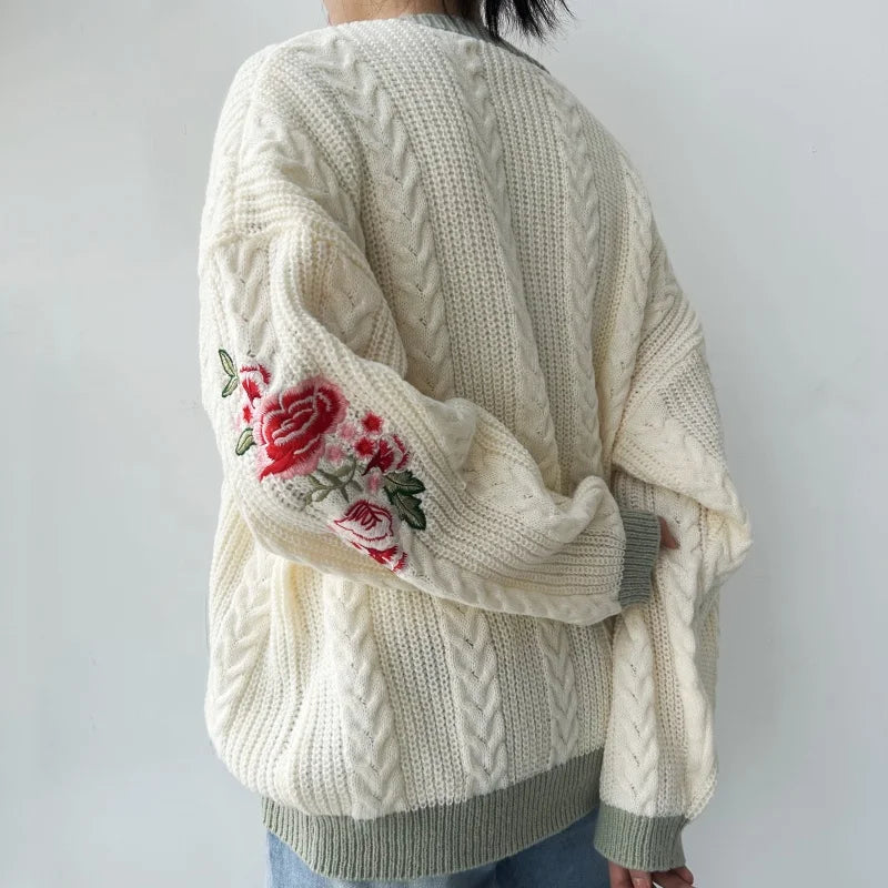 Beige V-neck Embroidery Knitted Cardigan Sweater Women Flower All-match Warm Women's Clothing Winter Single Breasted Cardigans