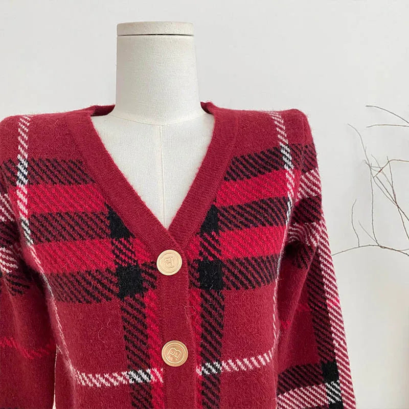 Autumn Winter New Fashion Plaid V-neck Knitted Cardigan Women's Clothing Vintage Slim Soft Wool Sweater Commute Thick Tops