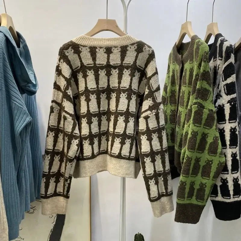 Woherb 2024 New Sweaterscoat Women Cute Cat Print Knitted Cardigan O-neck Sweet Sueter Fashion Loose Casual Jackets Pull Femme