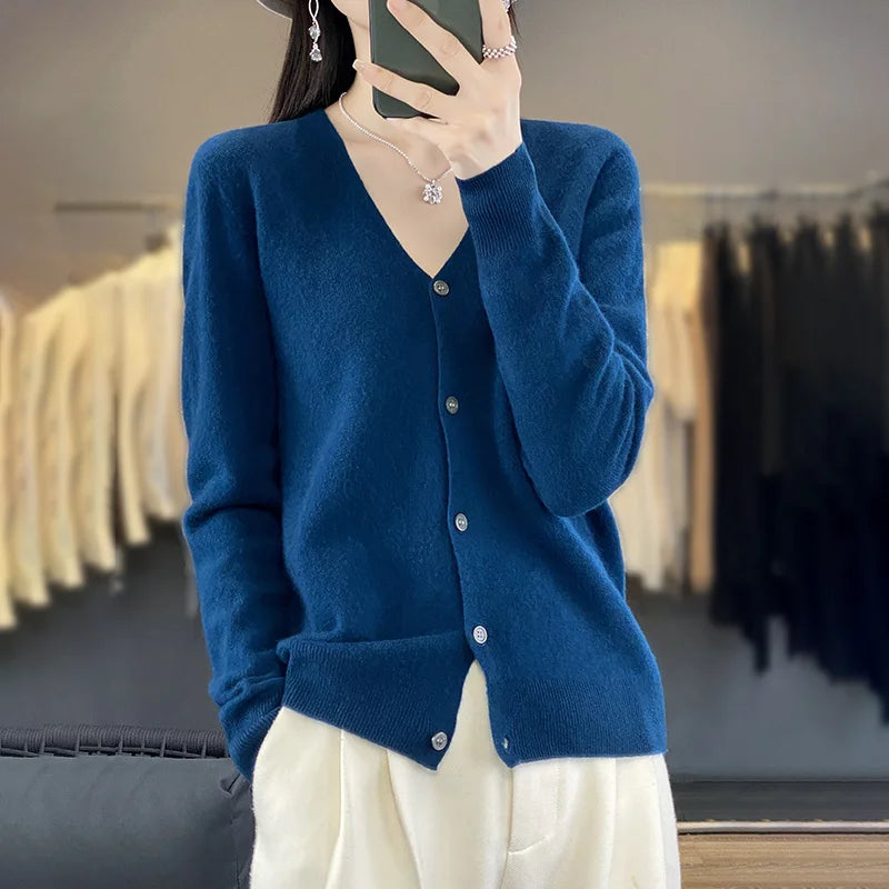Basic V-Neck 100% Merino Wool Sweater Women Knitted Cashmere Cardigan Spring Autumn Female Knitwear Clothing Tops