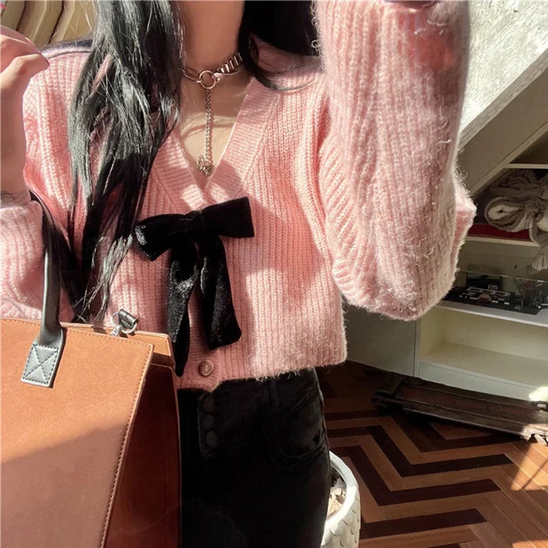 Autumn Sweet Bow Knitted Cardigan Women V-neck Long Sleeve Casual Loose Knitwear